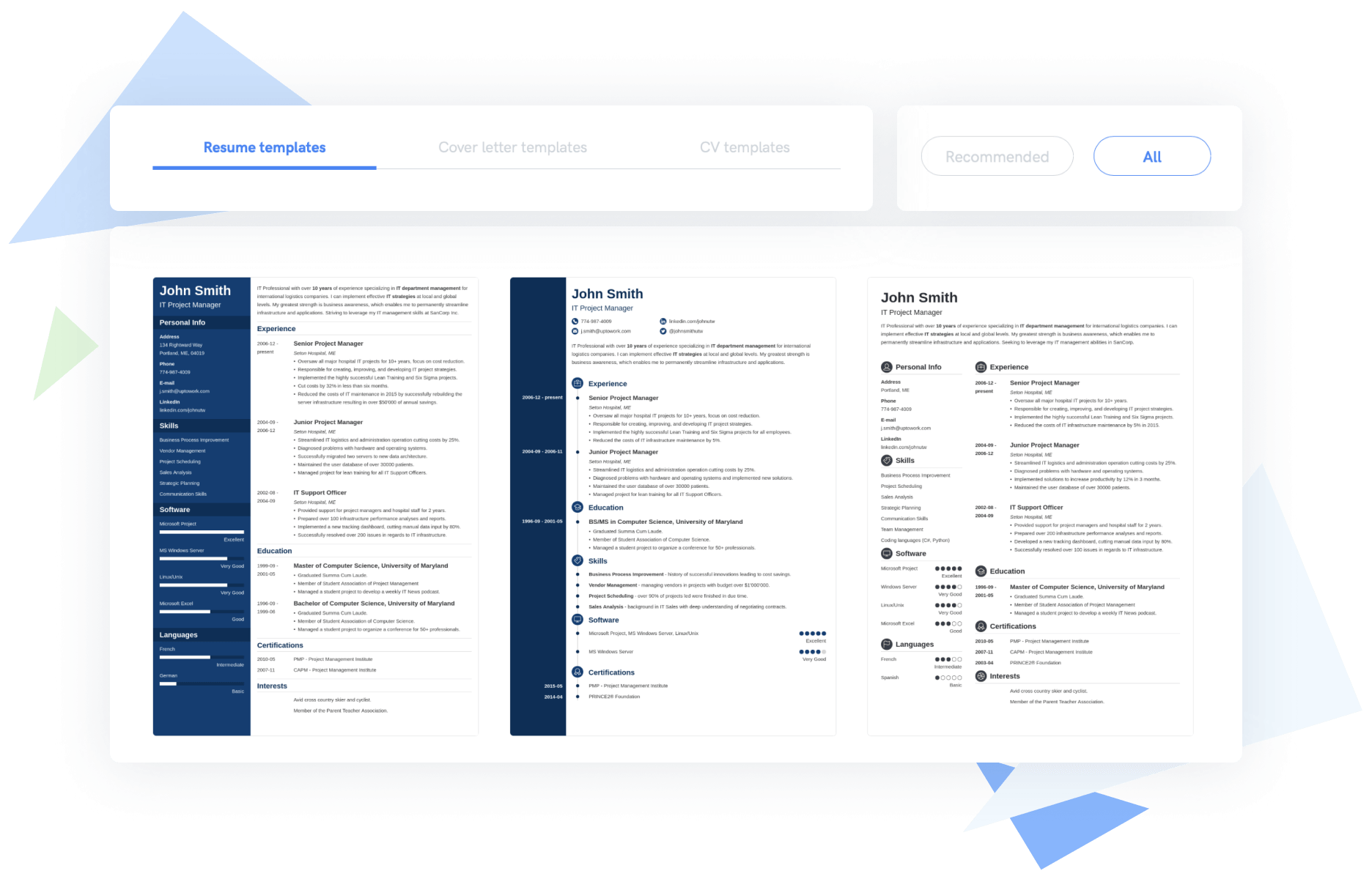 Resume generator template selection