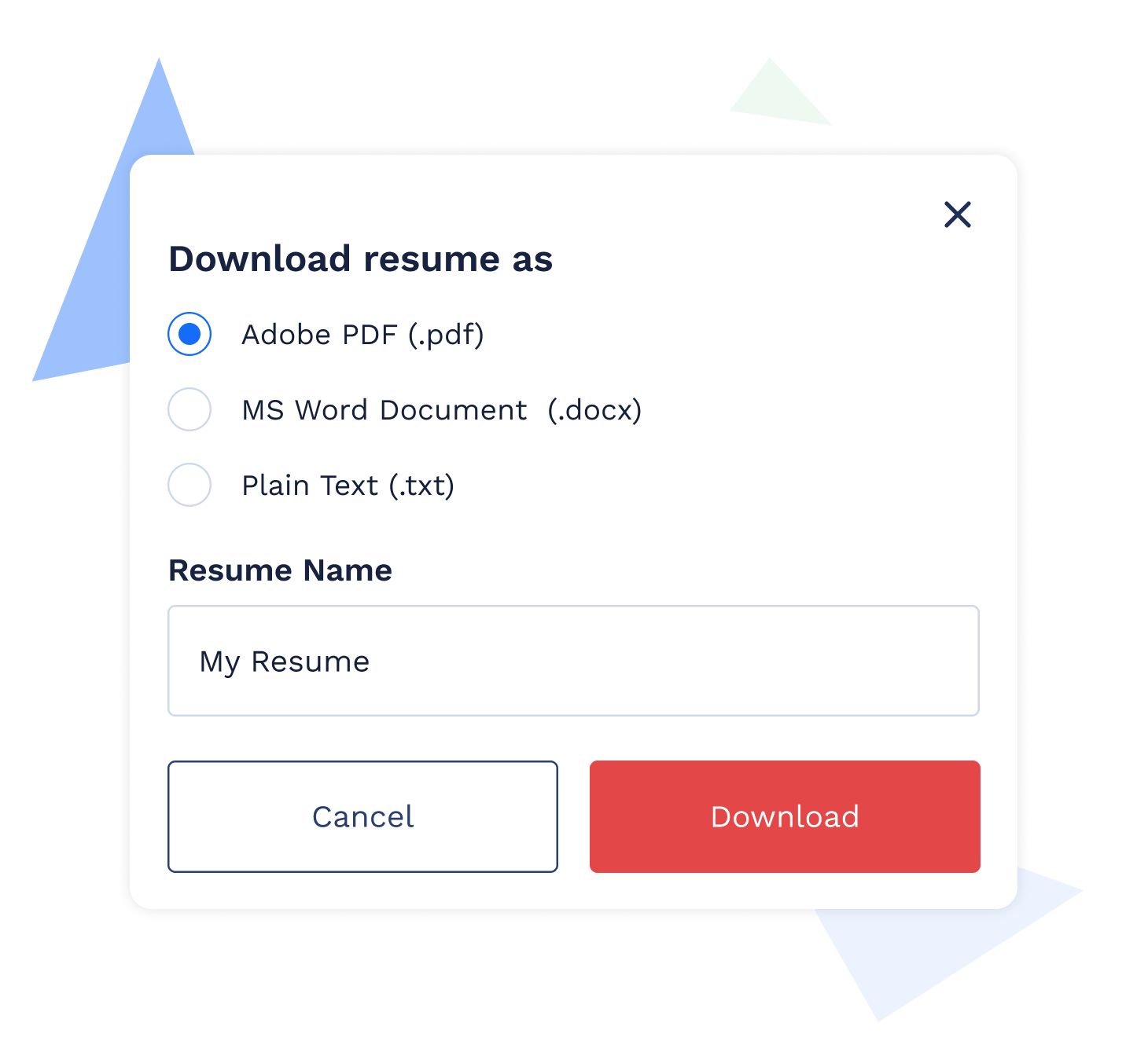 Resume builder PDF and Word download feature