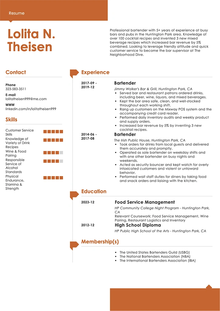 bartender resume example
