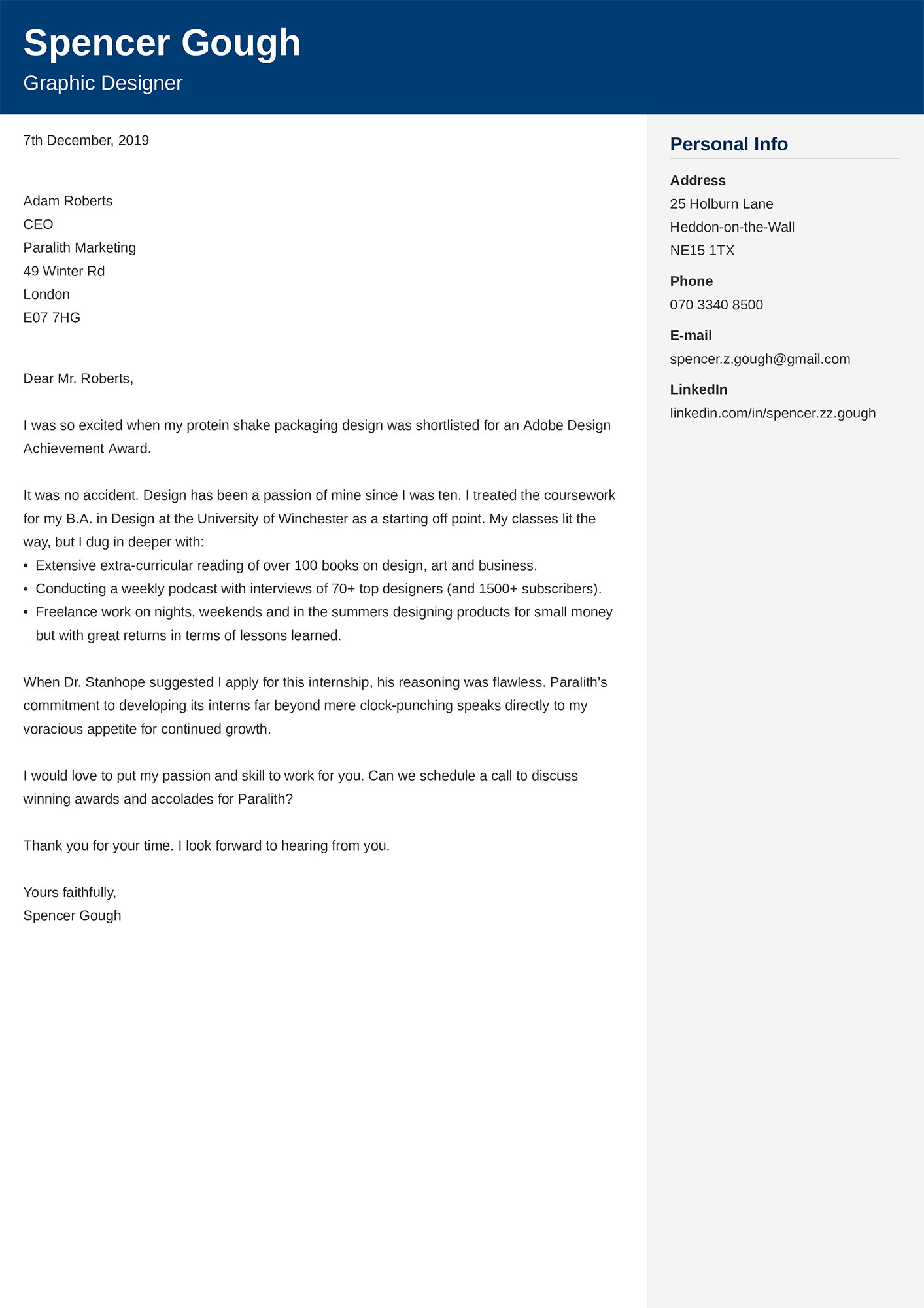 Example of a internship Cover Letter