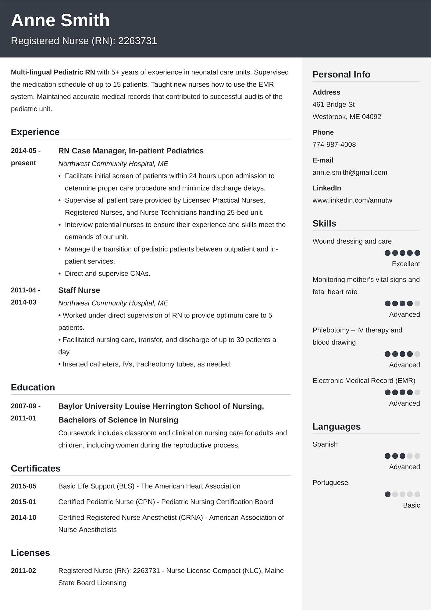 Example of a nurse resume