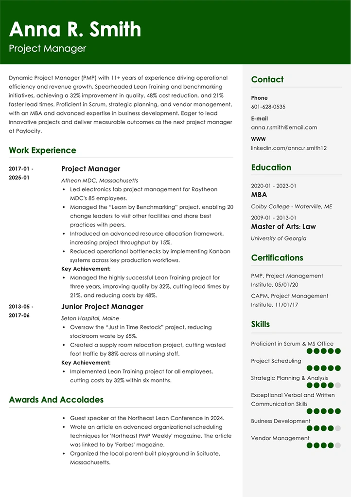 project manager resume example