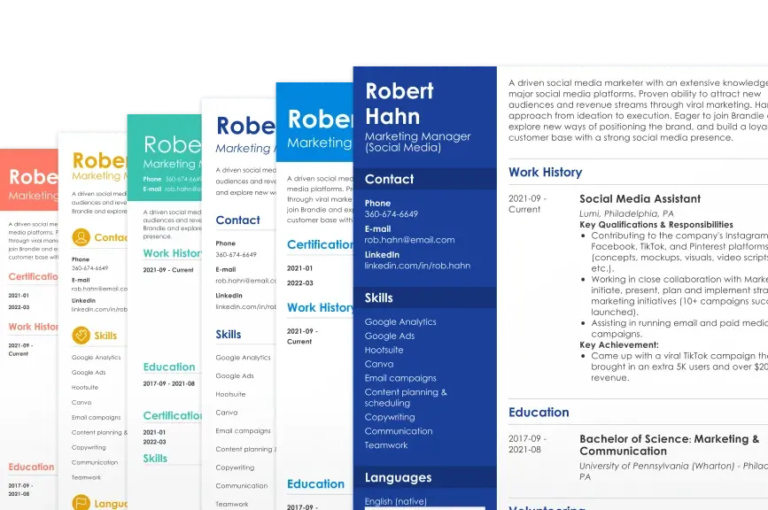 Selection of resume examples made in Zety builder