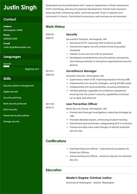 security guard resume example