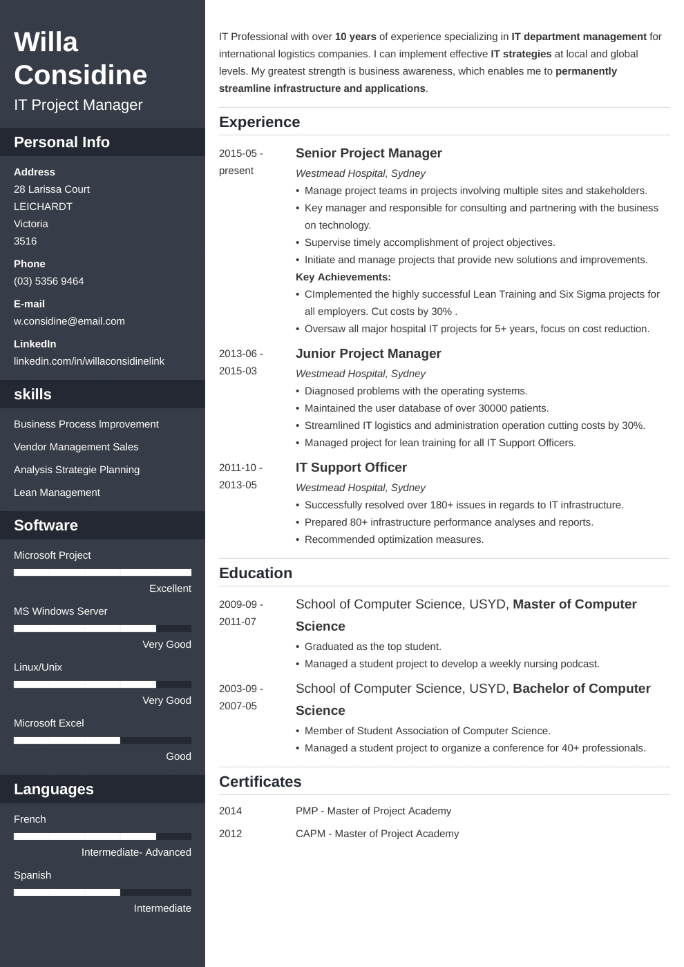 Professional resume made with cascade template