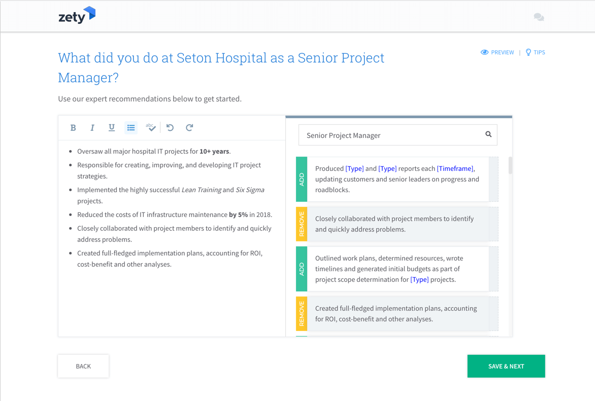 Zety resume builder editor