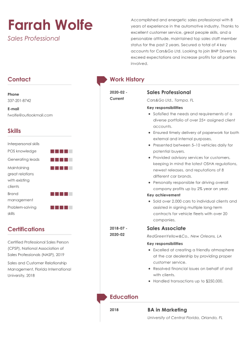 Sales resume example