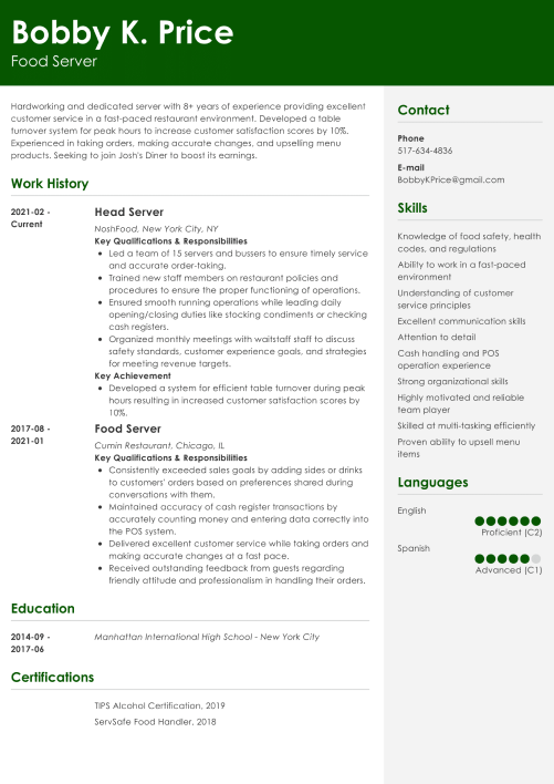 Server resume sample