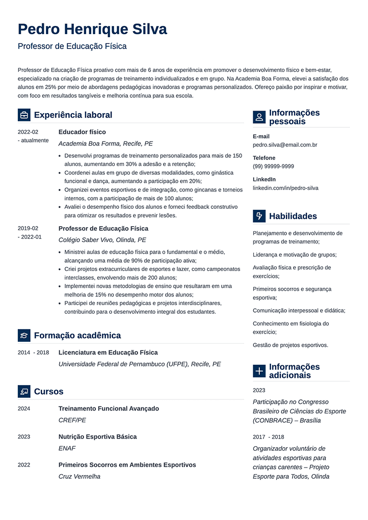 currículo profissional: exemplo