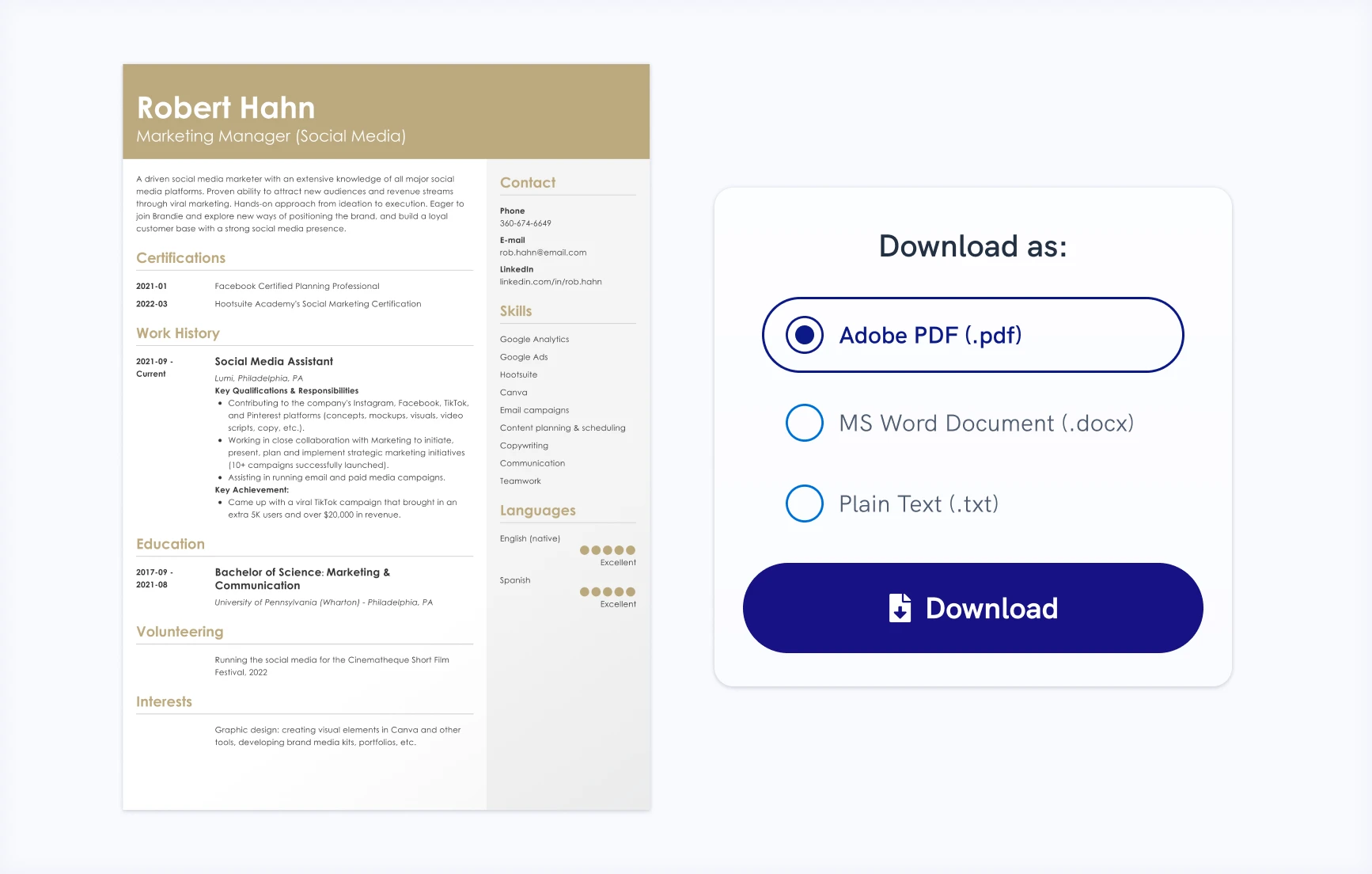 Download your resume template in .PDF, .DOCX, or .TXT
