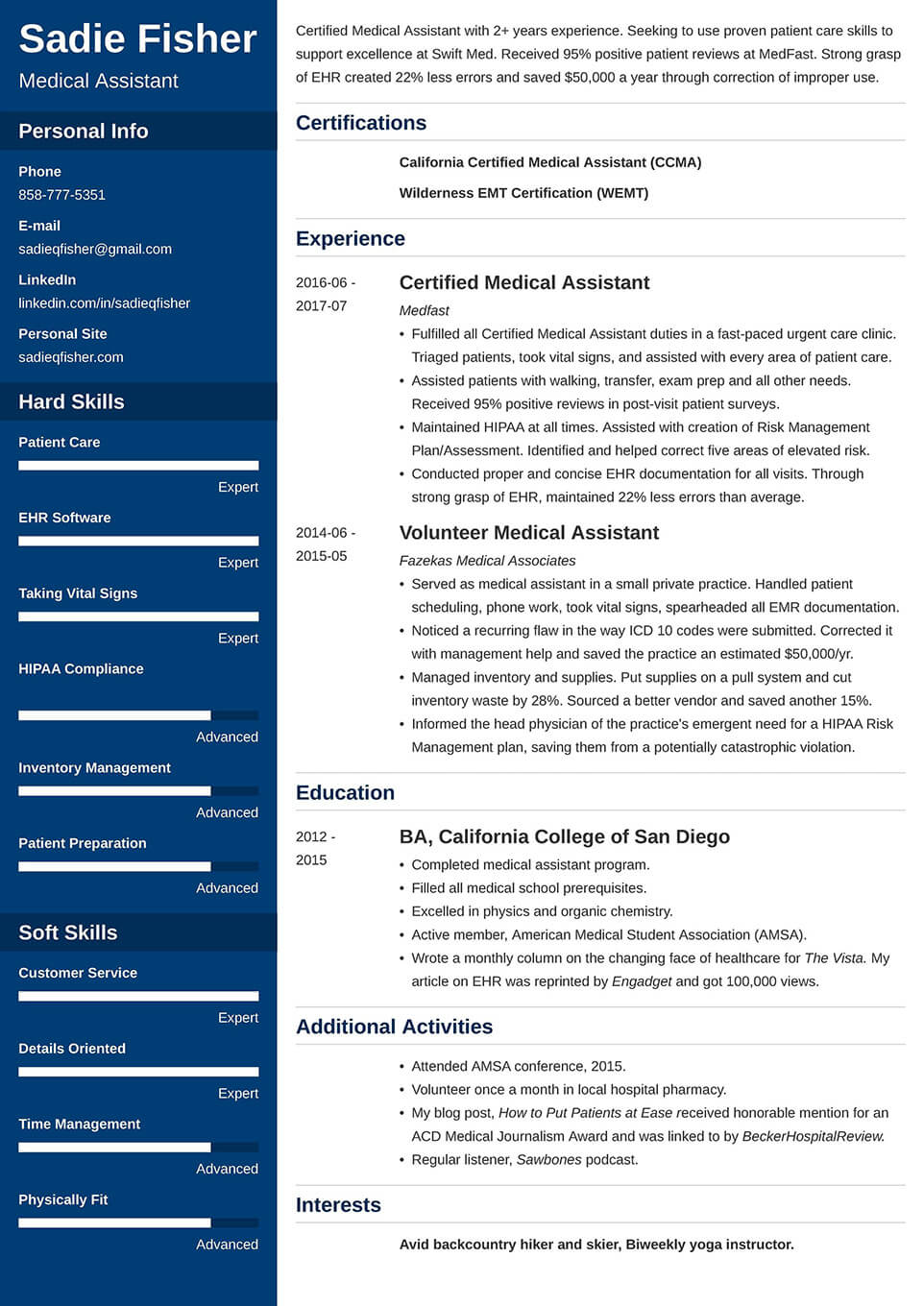 Resume of medical assistant example