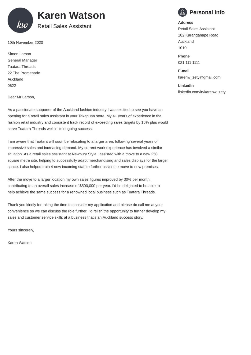 cv cover letter template nz