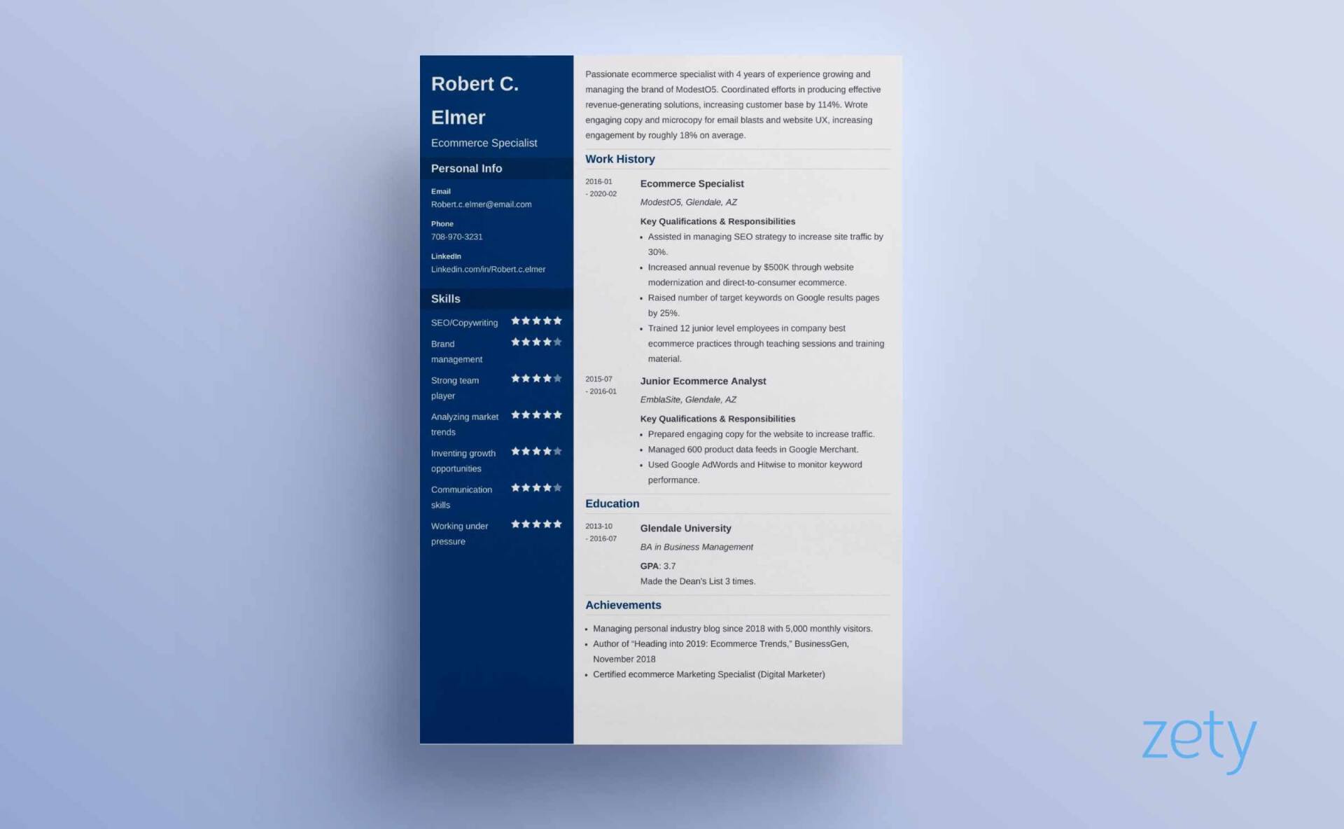 A view from the Zety resume builder presenting the process of filling in the work experience section and an assortment of pre-written resume descriptions proposed for the specific job.