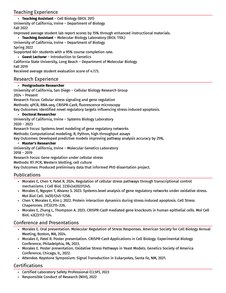 Postgraduate Researcher CV Example