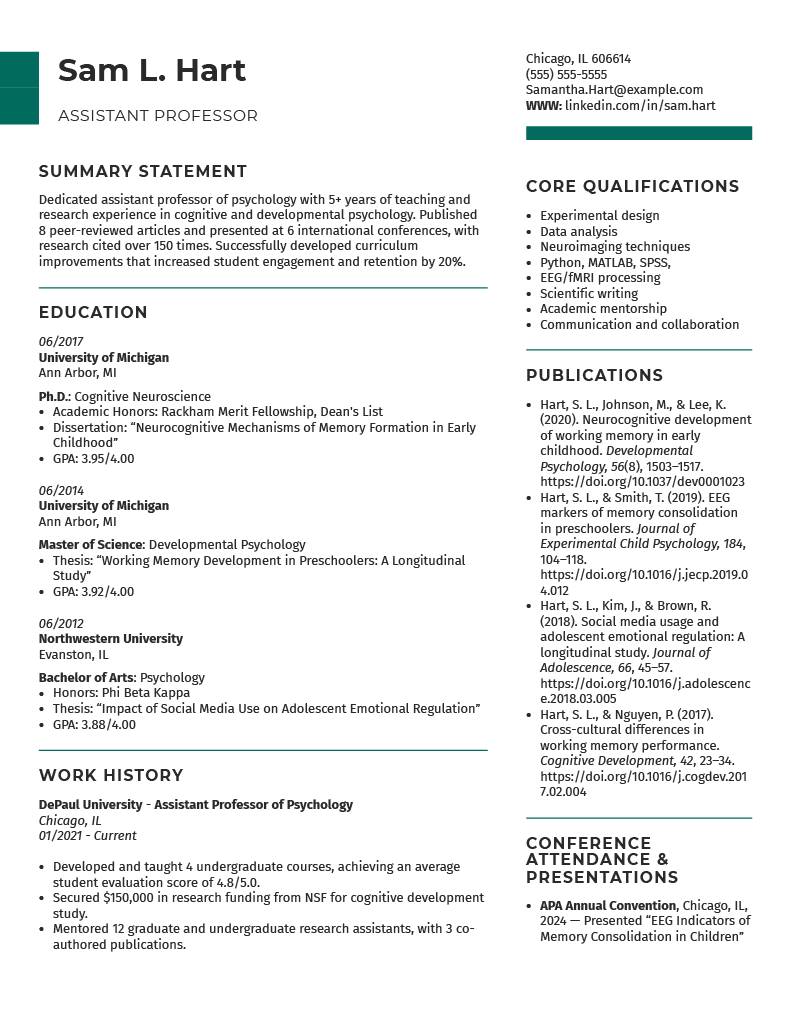 Assistant Professor CV Example