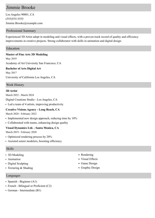 3D artist resume example