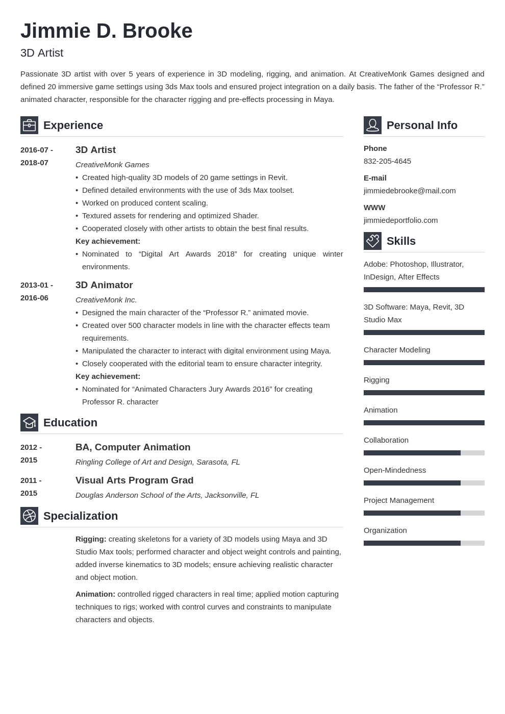3d artist resume example template vibes