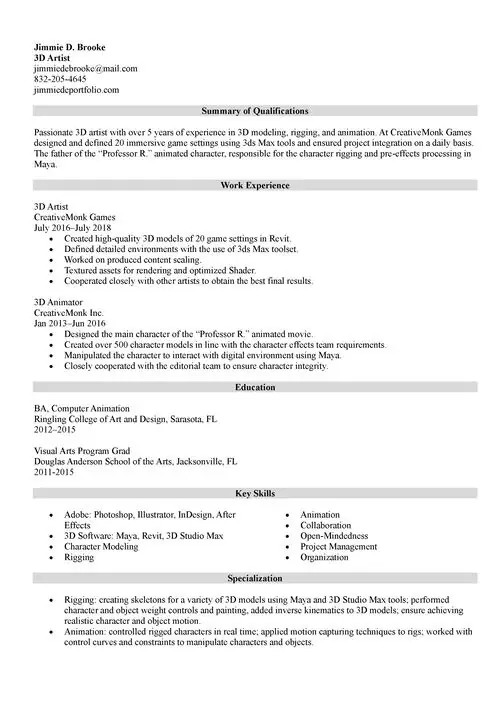 3D artist resume example