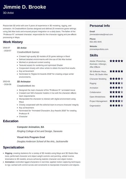 3D artist resume example