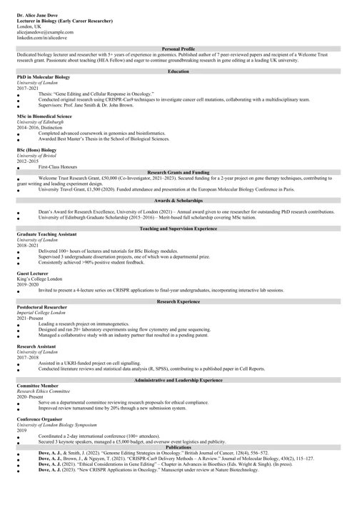 academic CV by Zety UK CV templates