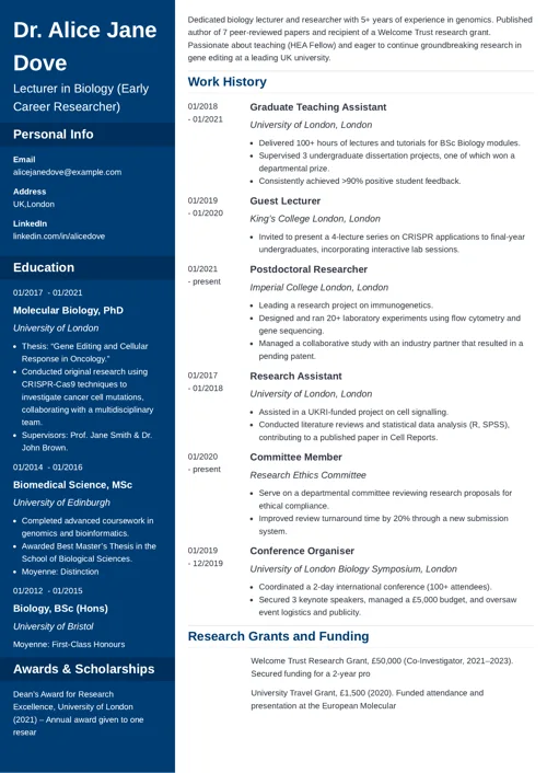 academic CV by Zety UK CV templates