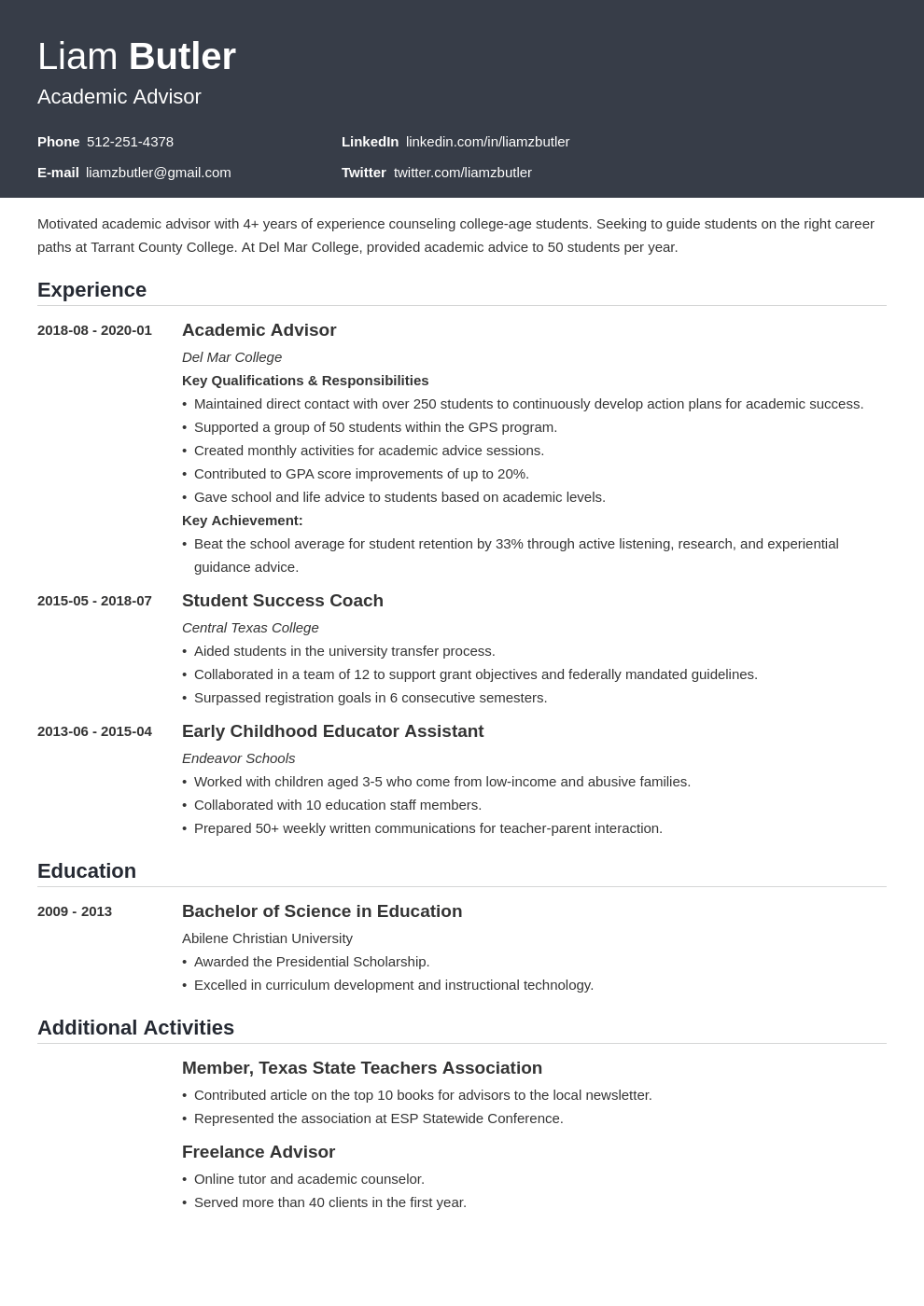 academic advisor resume example template influx