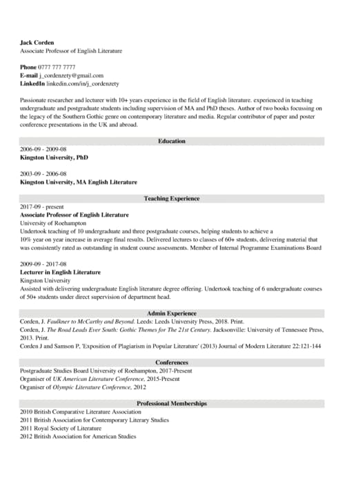example of four page academic cv with sidebar