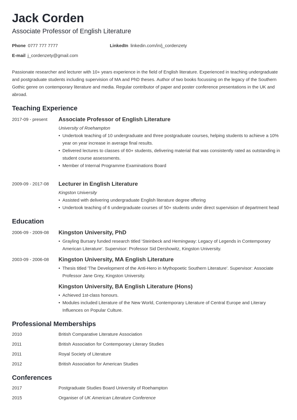 Academic (CV) Curriculum Vitae: Template, Examples & Guide