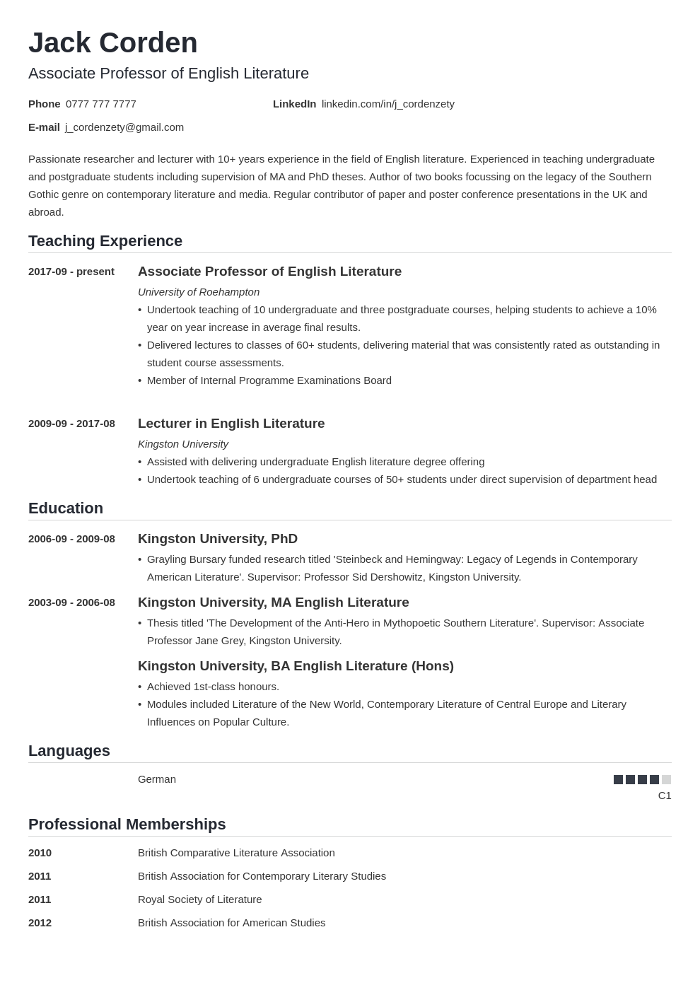 Academic Cv Curriculum Vitae Template Examples Guide