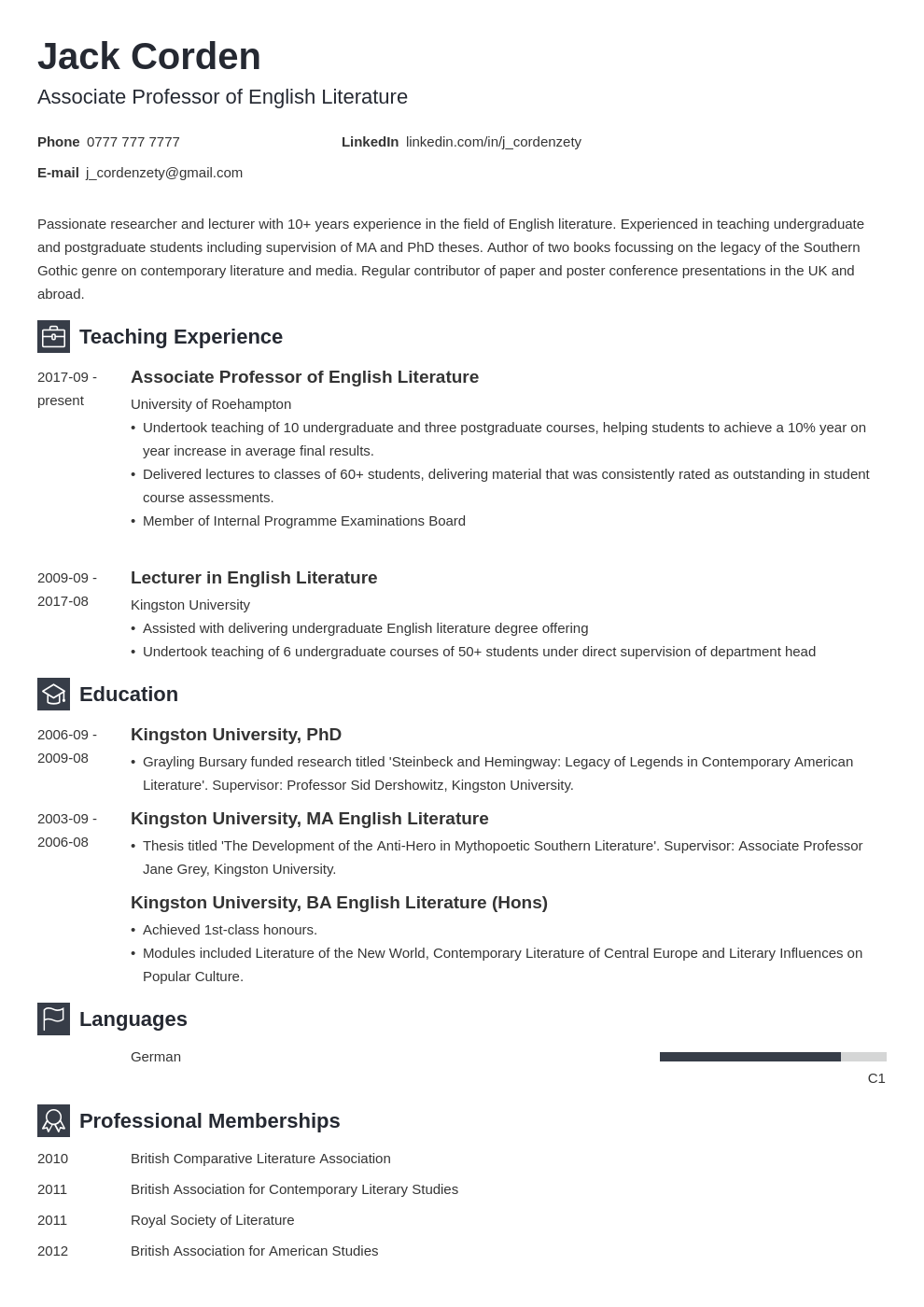 Academic Cv Curriculum Vitae Template Examples Guide