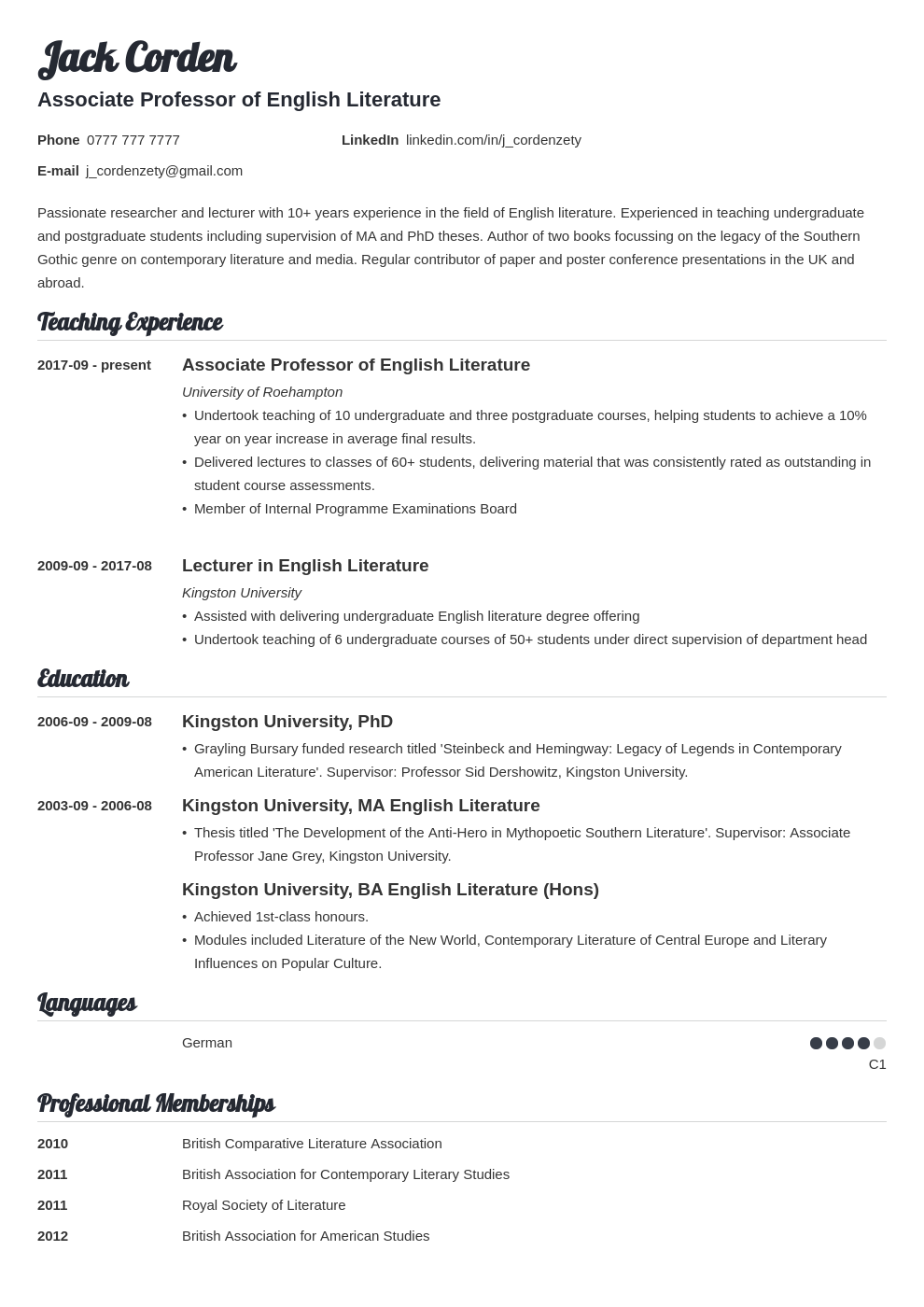 resume format for uk universities