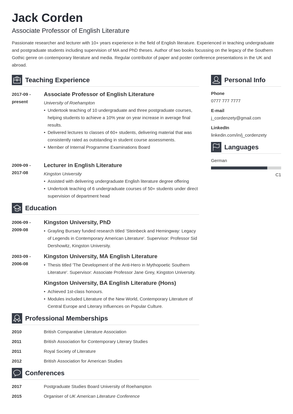 Academic Cv Curriculum Vitae Template Examples Guide