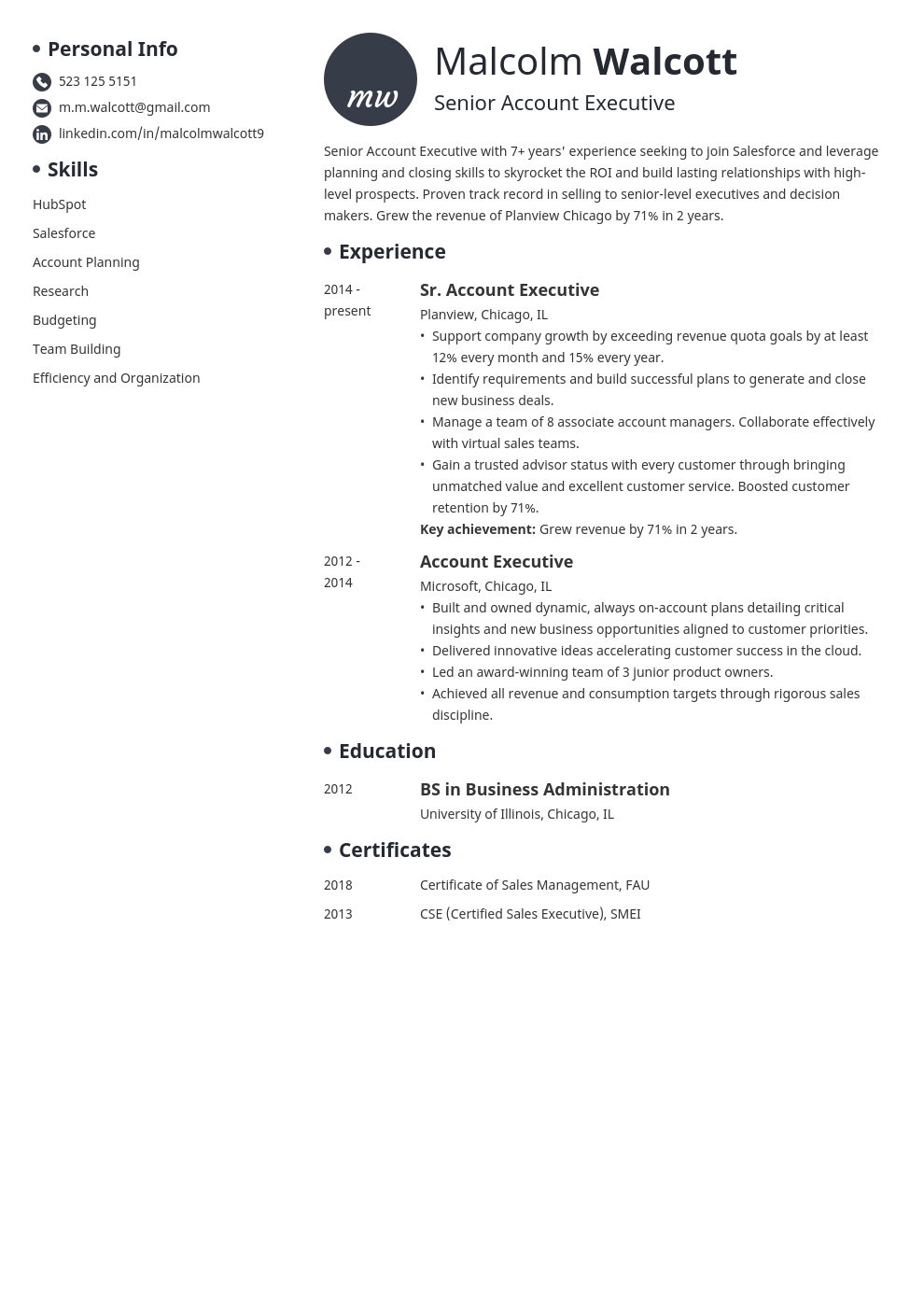 account executive resume example template initials