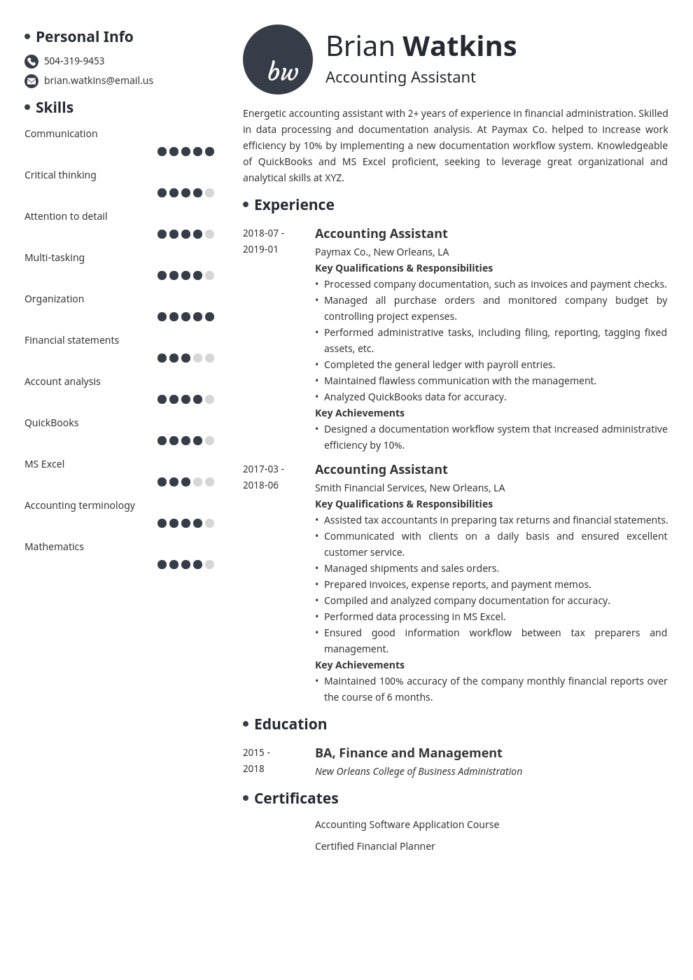 accounting assistant resume example template initials