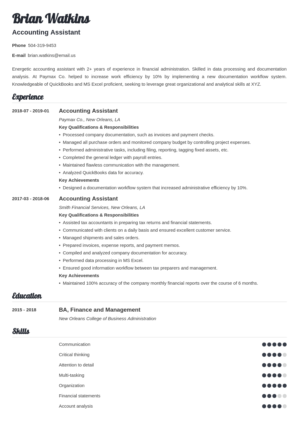 Resume Summary Examples For Accounting Assistant