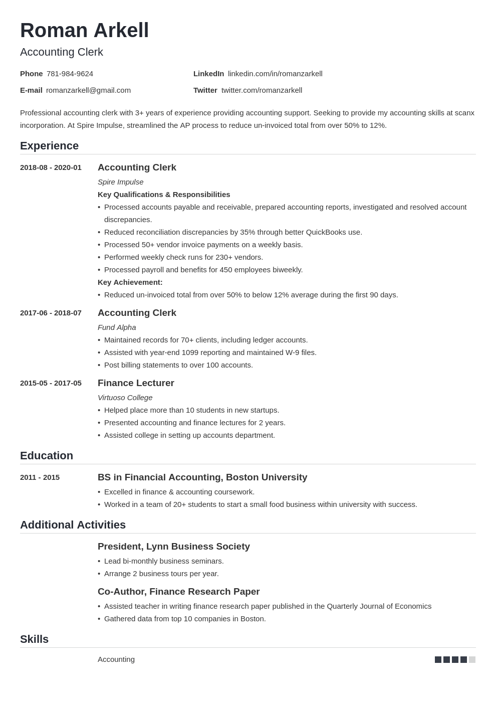 Resume For Accounting Clerk RichardKimmons Blog