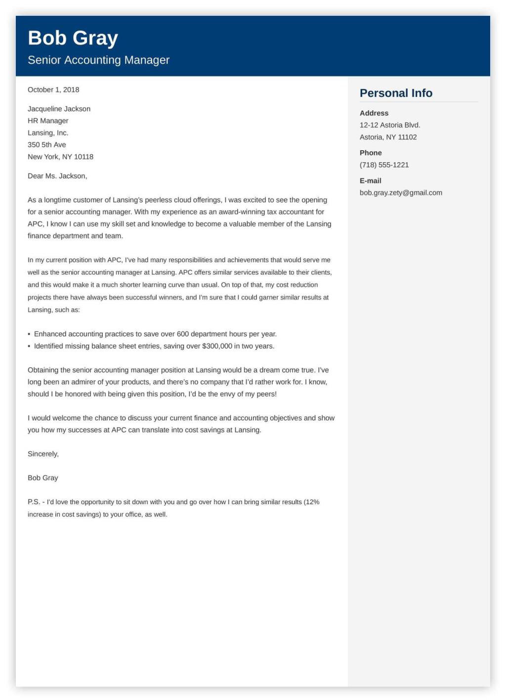 Accounting Cover Letter Example Also For Senior Accountants