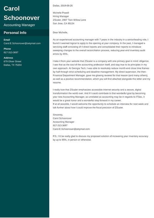 accounting manager cover letter sample