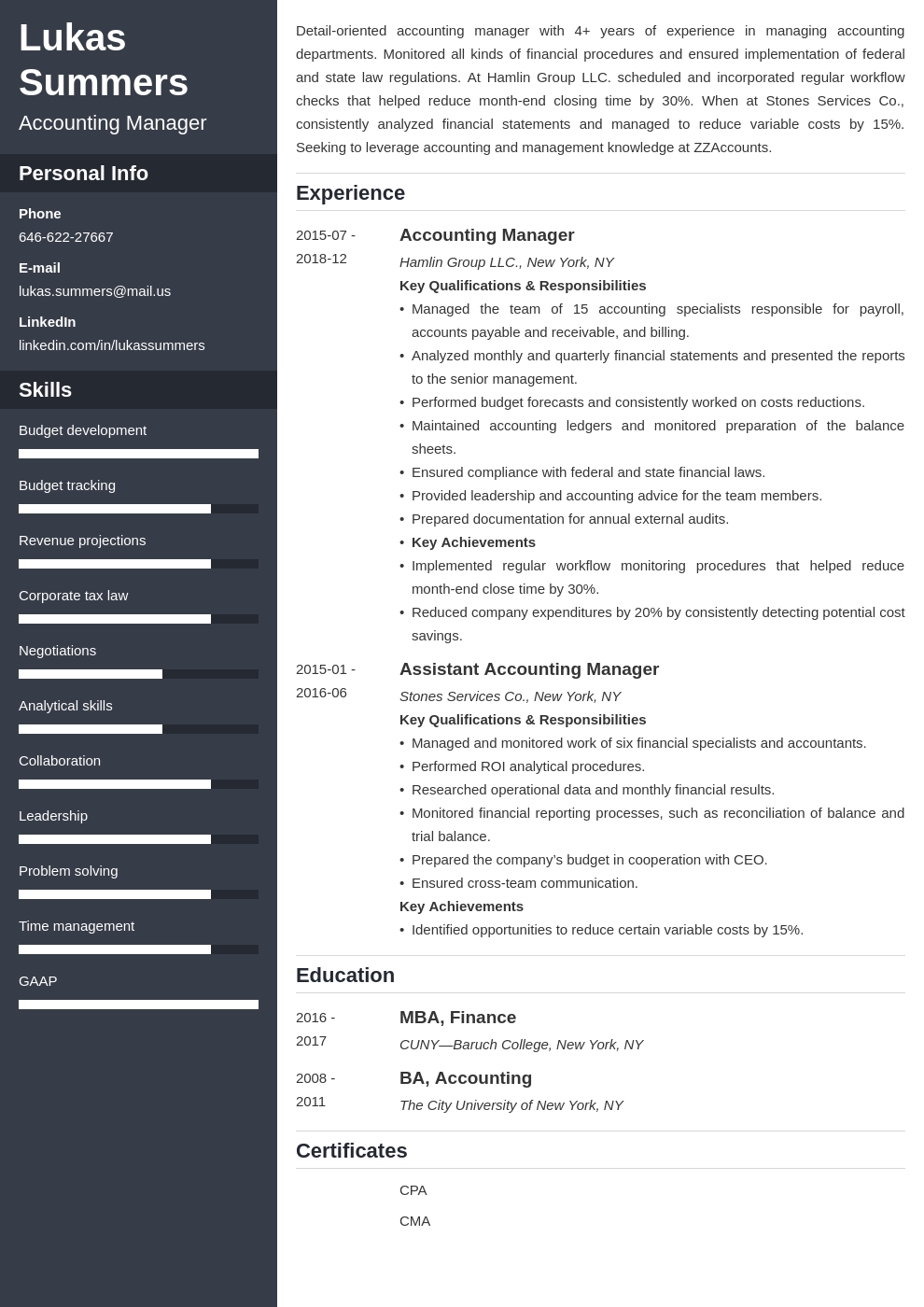 accounting manager resume example template cascade