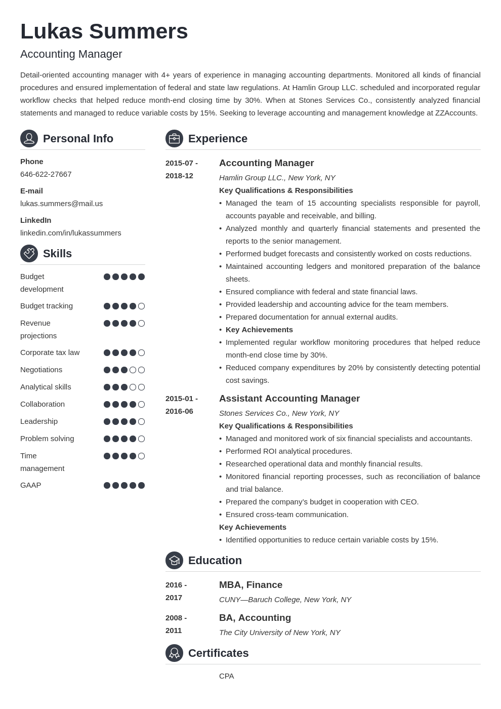 accounting manager resume example template crisp