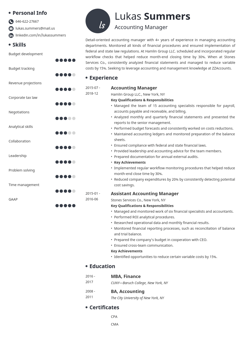 accounting manager resume example template initials
