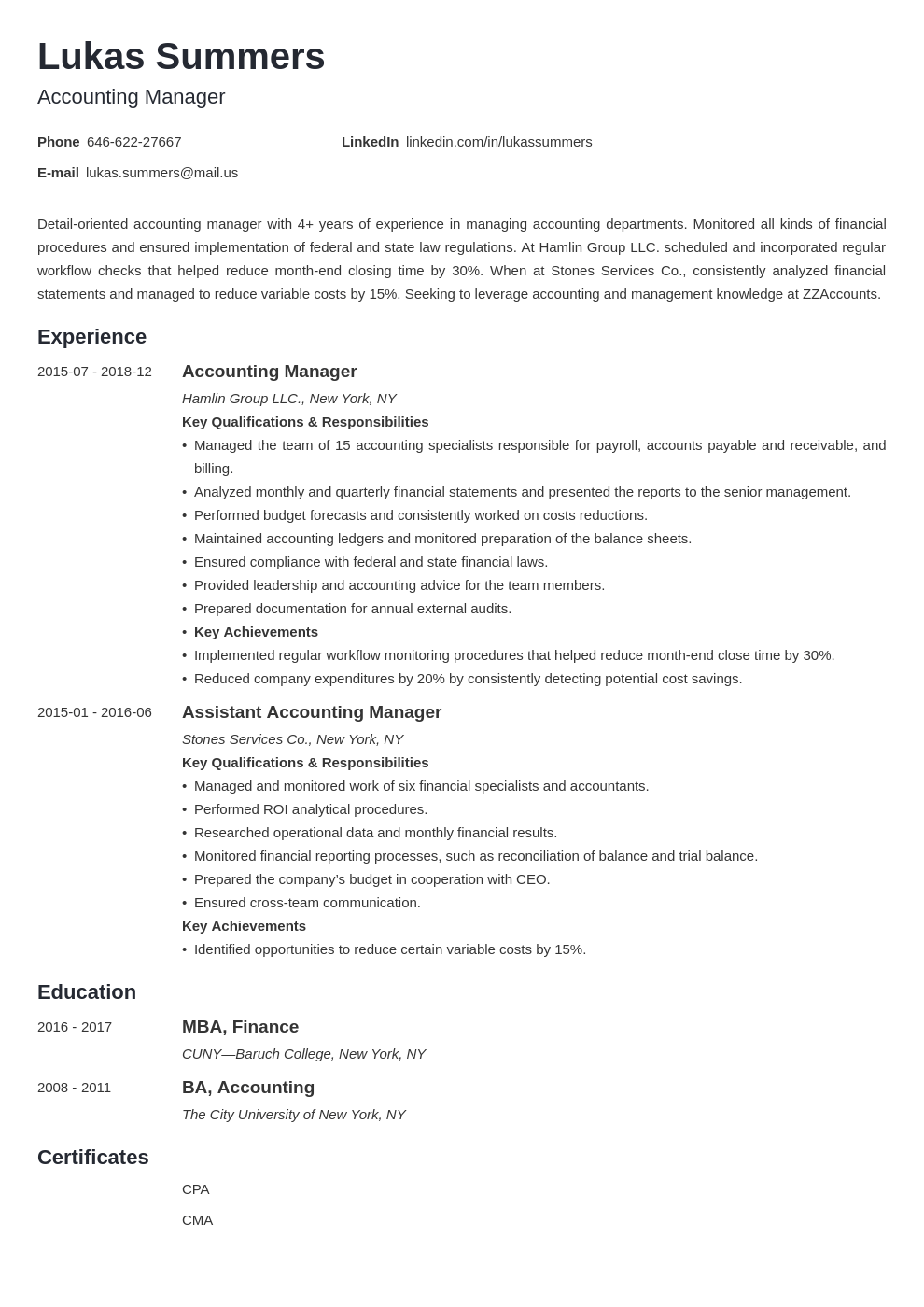 accounting manager resume example template minimo