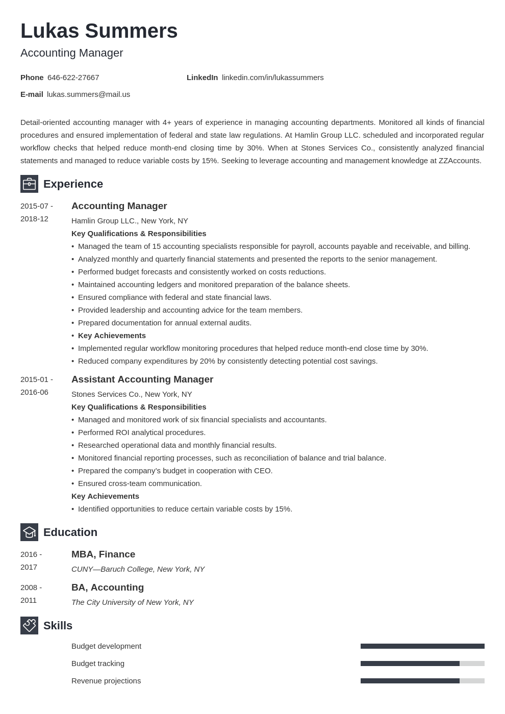 Manager Accountant Resume Sample