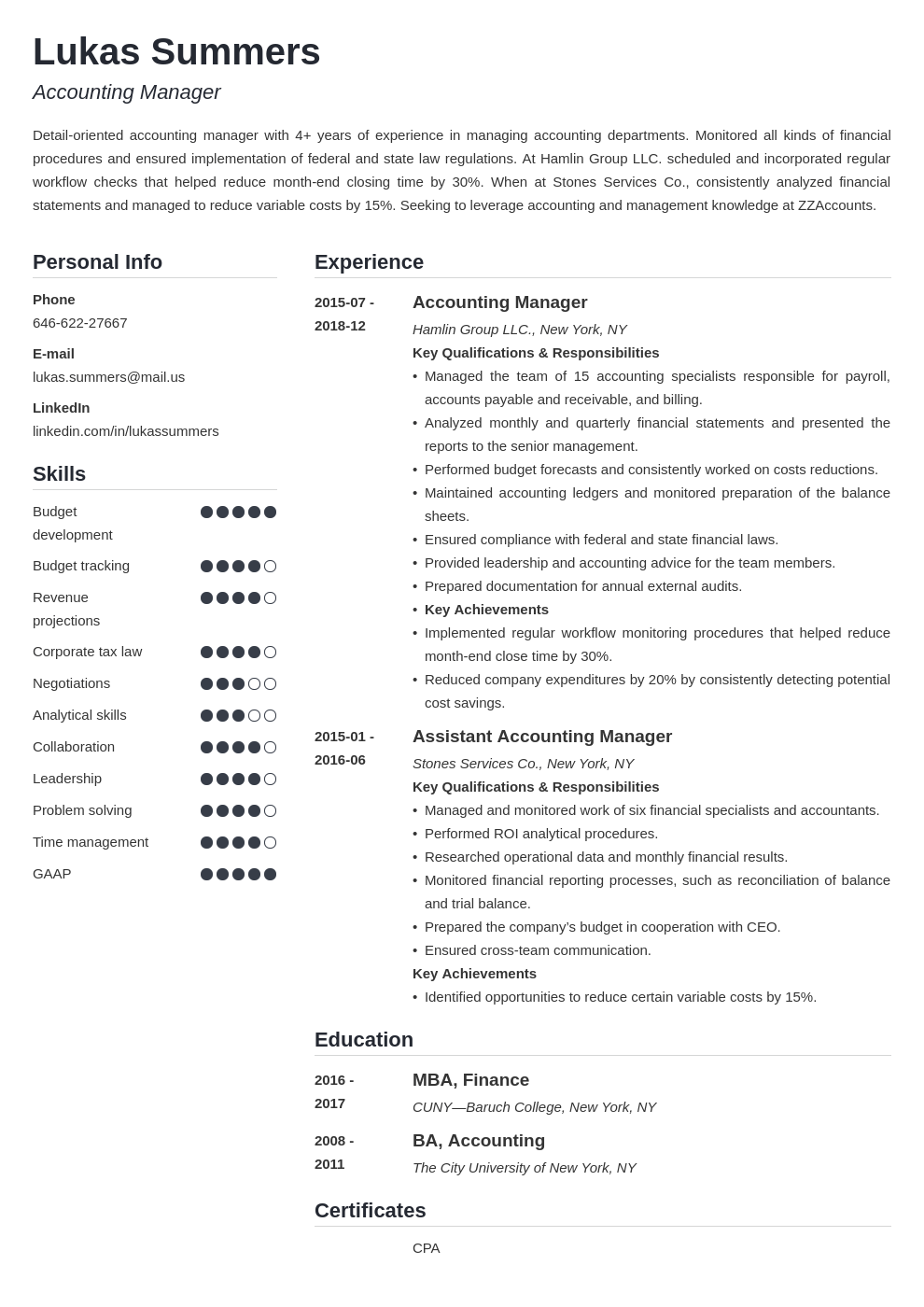 accounting manager resume example template simple
