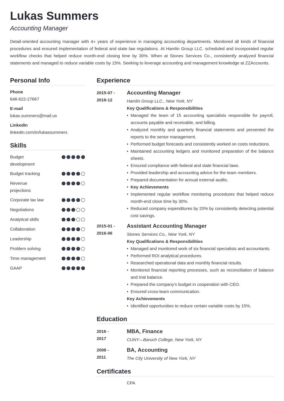 sample resume accounting manager