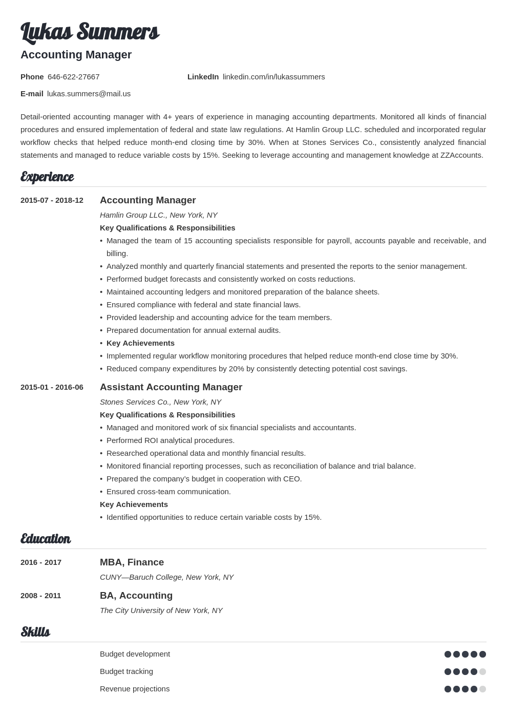 Manager Accountant Resume Sample