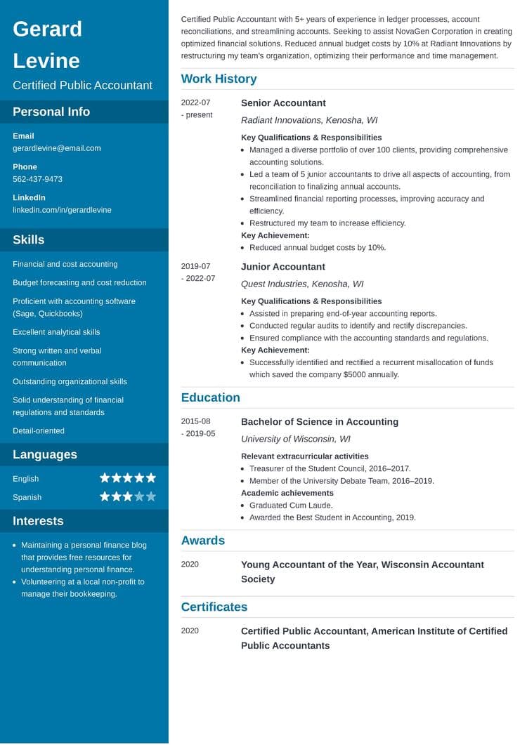 Cascade resume template for accountants