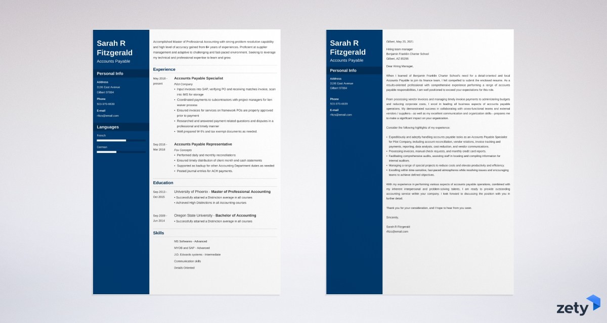 accounts payable resume and cover letter set