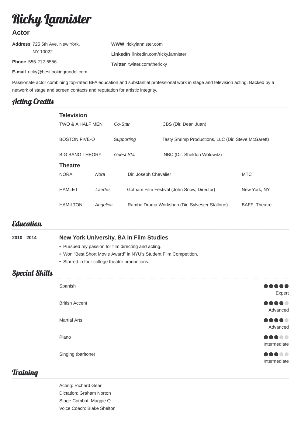 Acting Resume Template [+22 Tips & Examples for Actors] Within Theatrical Resume Template Word