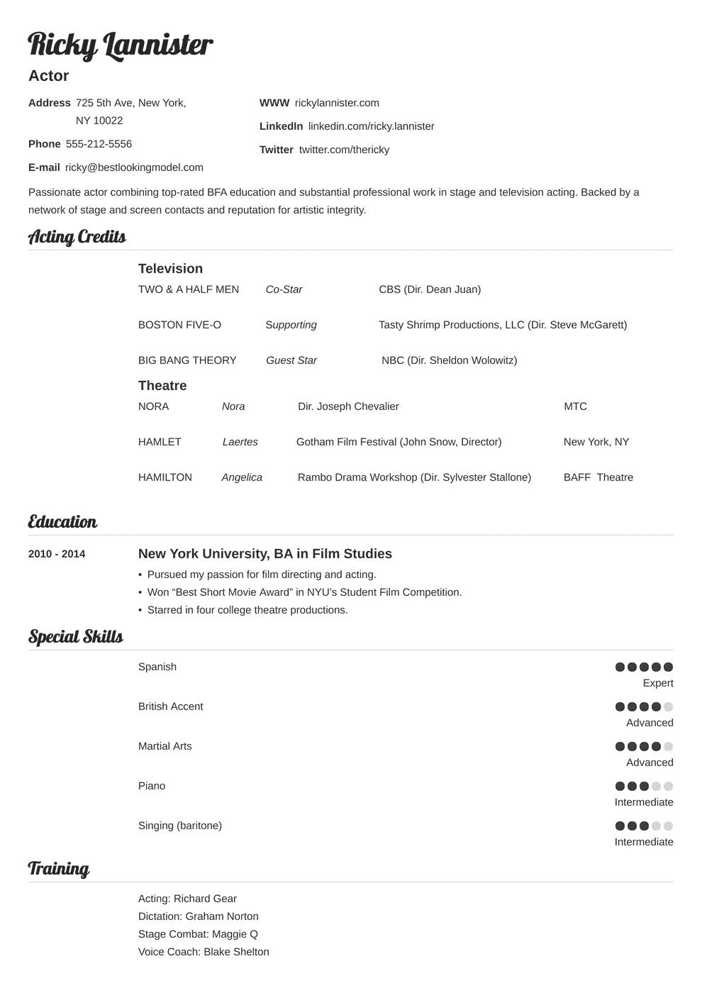 Theater Resume Template DocTemplates